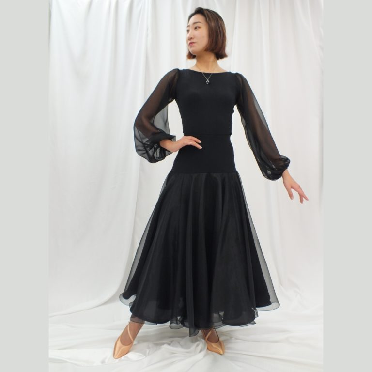 社交ダンスウェア　ダンスツーピース　ダンスワンピース　日本製ワンピース　白樺ドレス　スタイリッシュムーブ　オシャレ　黒上下　　パーティードレス　パーティー洋服