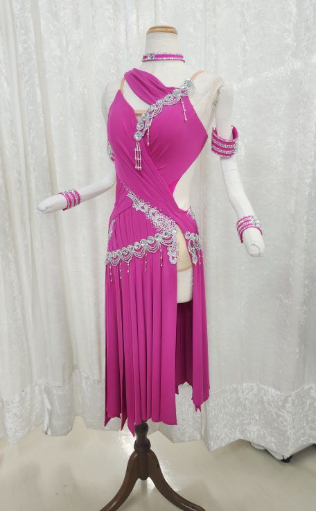 ハワイアンピンクのSサイズラテンドレス　競技向きラテンドレス　軽量ラテンドレス　40％OFF　日本製ラテンドレス