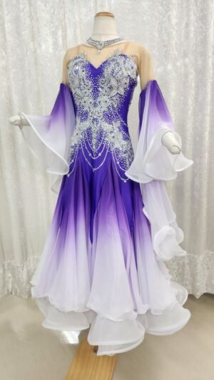 【試着・レンタル・購入】紫×白グラデーションのスタンダード用社交ダンスドレス(Lサイズ)