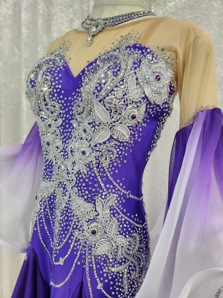 【試着・レンタル・購入】紫×白グラデーションのスタンダード用社交ダンスドレス(Lサイズ) - 画像 (4)