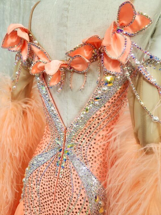 【試着・レンタル・購入】マンゴーカラーのフェザー付スタンダードドレス - 画像 (6)